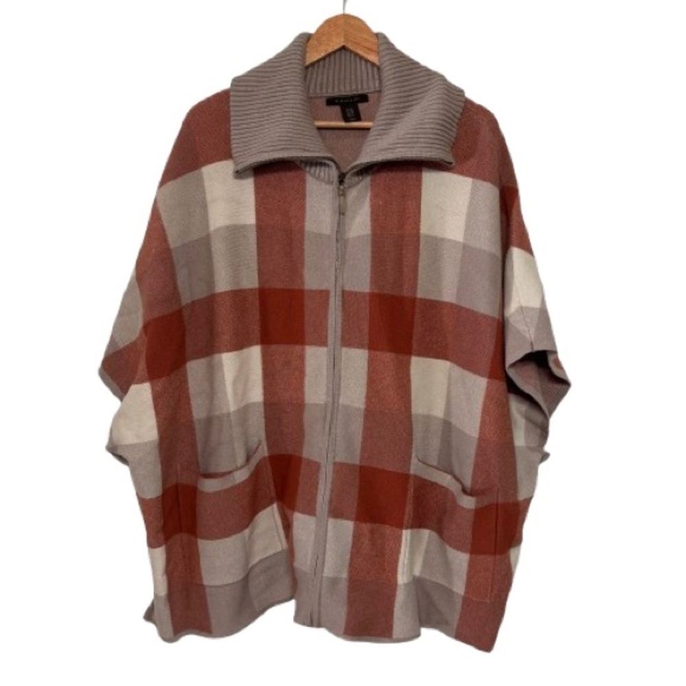 Tahari Rust/Grey Oversized Full Zip Plaid Poncho Sweater Size L/XL